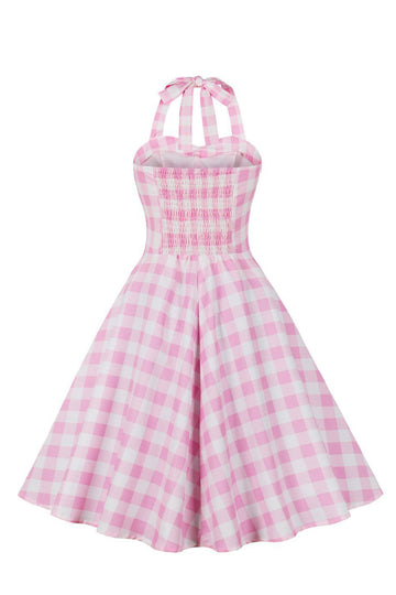En Line Halter Hals Pink Plaid Pink 1950'erne kjole